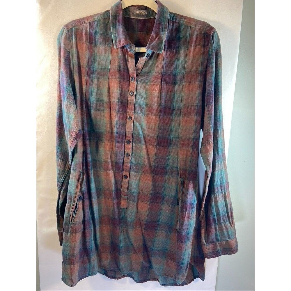 TOAD & CO WOMENS SZ MEDIUM TUNIC 3/4 BUTTON COTTON BLEND PURPLE PLAID SHIRT